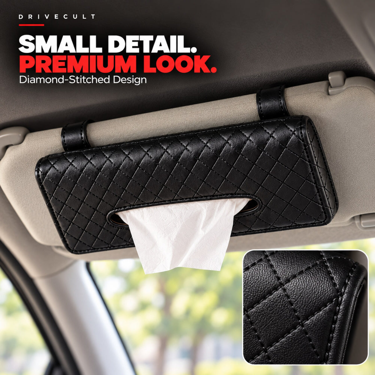 Close-up of the diamond-stitched finish on the sun visor tissue holder