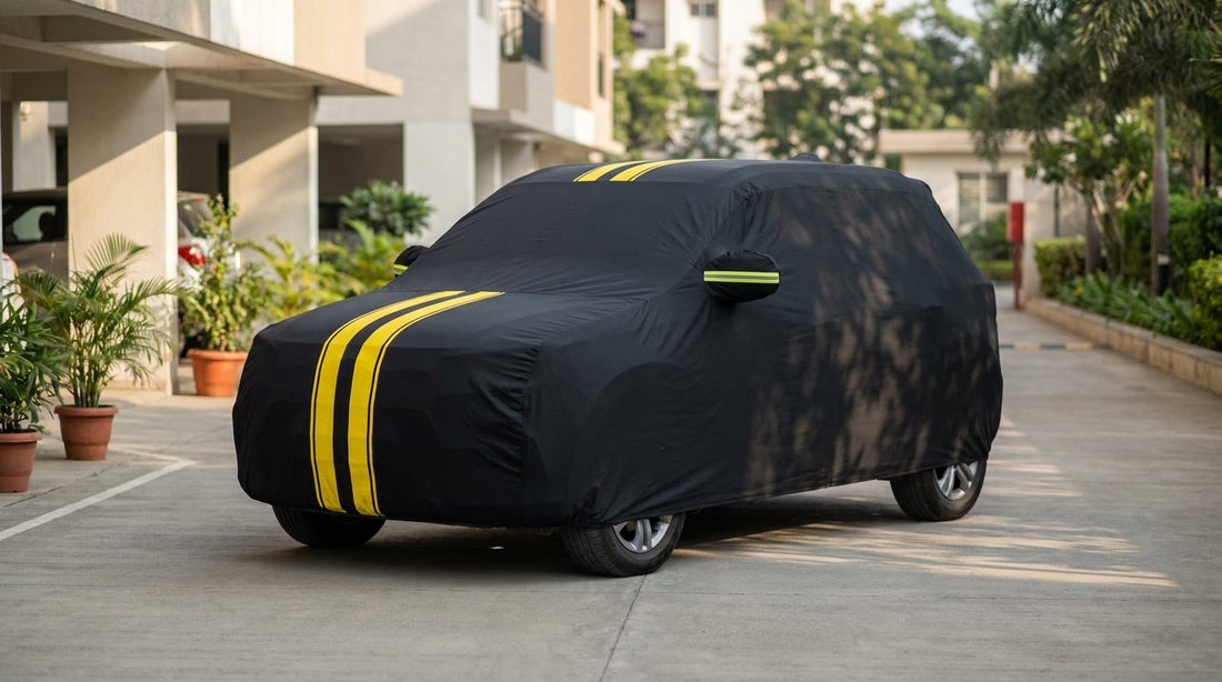 Maruti Suzuki Brezza fitted with a matte black DriveCult Spyro car body cover with twin yellow stripes