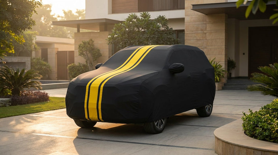 Hyundai Creta fitted with a matte black DriveCult car body cover with twin yellow stripes