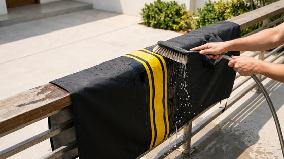 A black DriveCult car body cover being rinsed and scrubbed clean outdoors