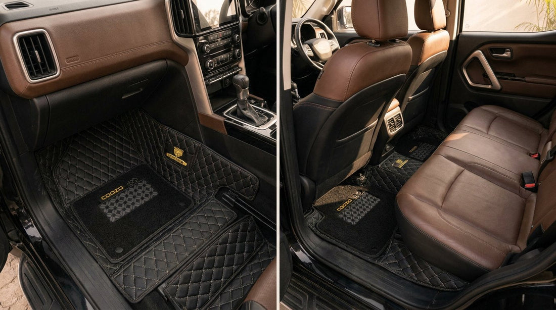 A full set of premium black 7D floor mats fitted across a modern Indian car cabin