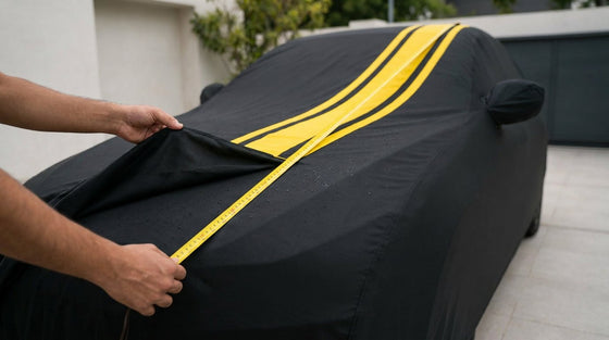 Hands running a measuring tape along the length of a car in a driveway