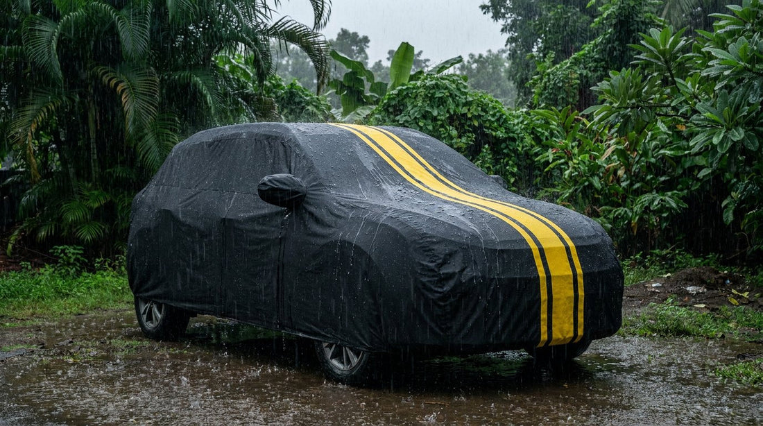 Compact SUV under a snug black DriveCult body cover in heavy monsoon rain