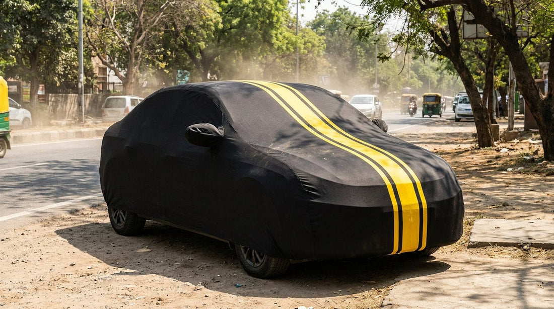 A car under a snug black DriveCult cover parked in harsh Indian sun beside a dusty street