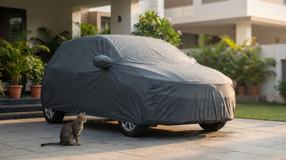 Grey custom-fit car body cover on a car parked in an Indian driveway with a stray cat sitting beside it