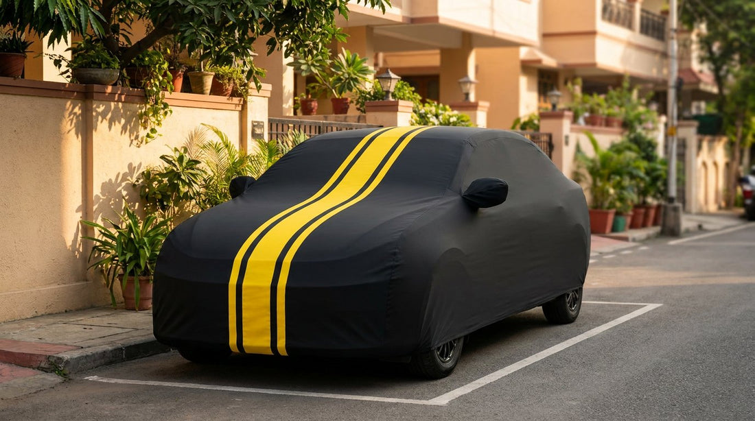 Maruti Suzuki Dzire fitted with a matte black DriveCult Spyro car body cover with twin yellow stripes