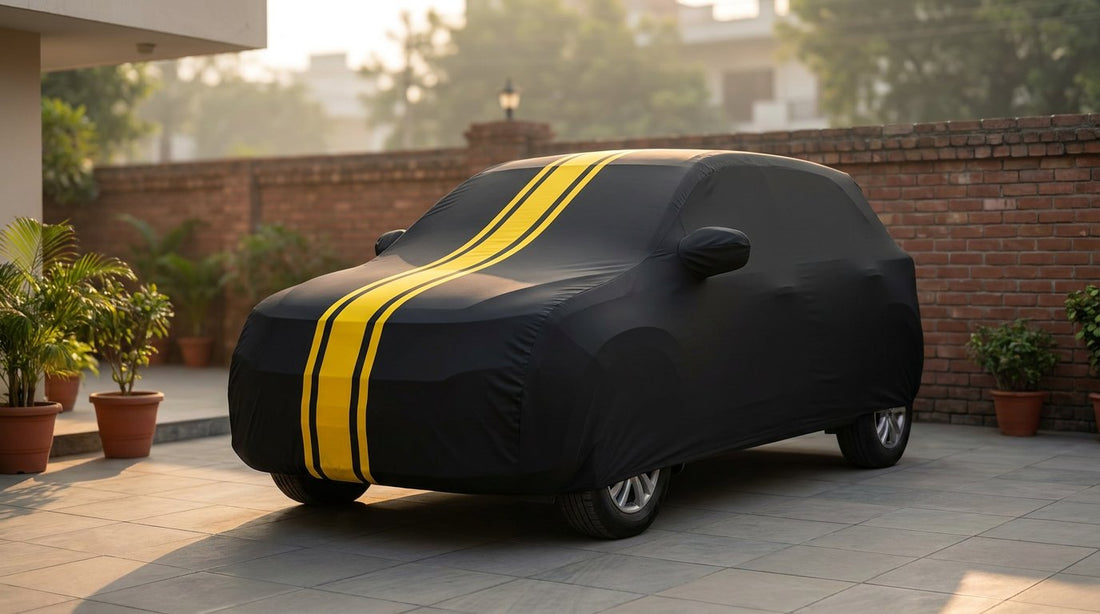Hyundai Exter fitted with a matte black DriveCult Spyro car body cover with twin yellow stripes