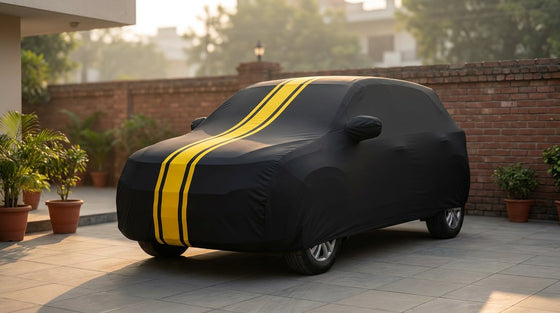 Hyundai Exter fitted with a matte black DriveCult Spyro car body cover with twin yellow stripes