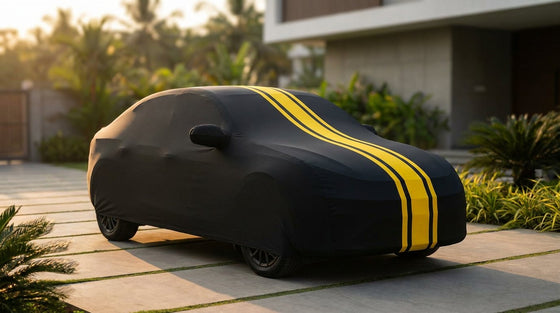 Maruti Suzuki Fronx fitted with a matte black DriveCult Spyro car body cover with twin yellow stripes