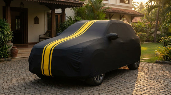 Maruti Suzuki Grand Vitara fitted with a matte black DriveCult Spyro car body cover with twin yellow stripes