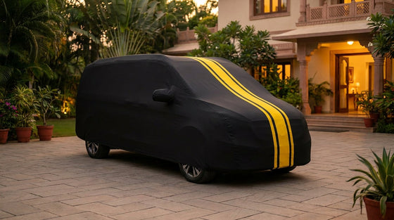 Toyota Innova Crysta fitted with a matte black DriveCult Spyro car body cover with twin yellow stripes
