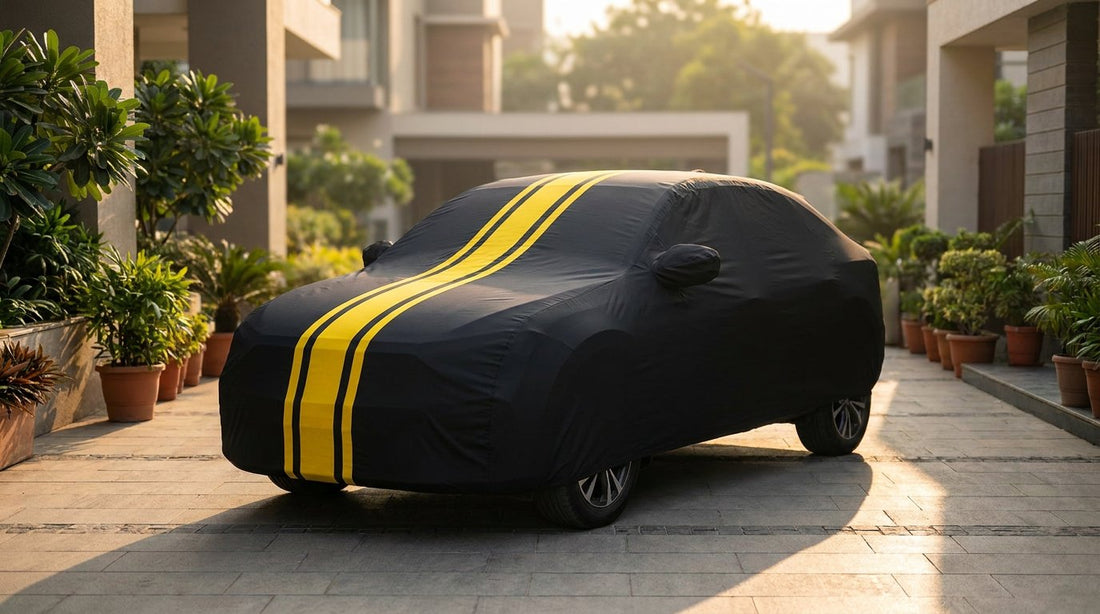 Tata Nexon fitted with a matte black DriveCult Spyro car body cover with twin yellow stripes