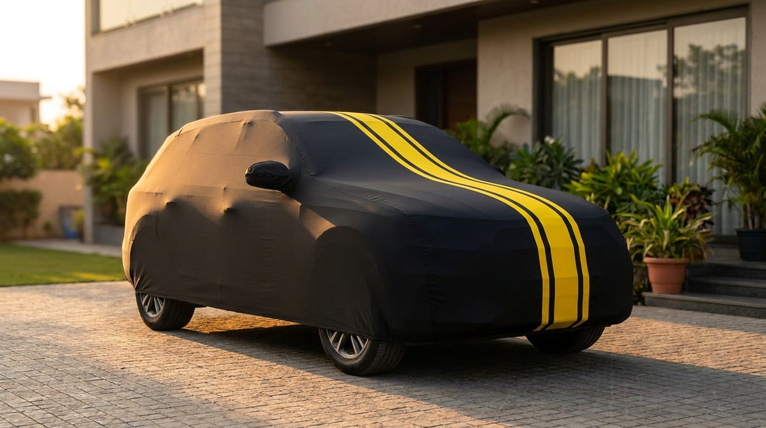Kia Seltos fitted with a matte black DriveCult Spyro car body cover with twin yellow stripes