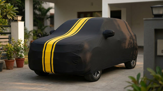 Kia Sonet fitted with a matte black DriveCult Spyro car body cover with twin yellow stripes