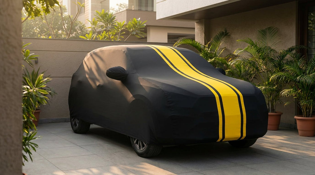 Hyundai Venue fitted with a matte black DriveCult Spyro car body cover with twin yellow stripes
