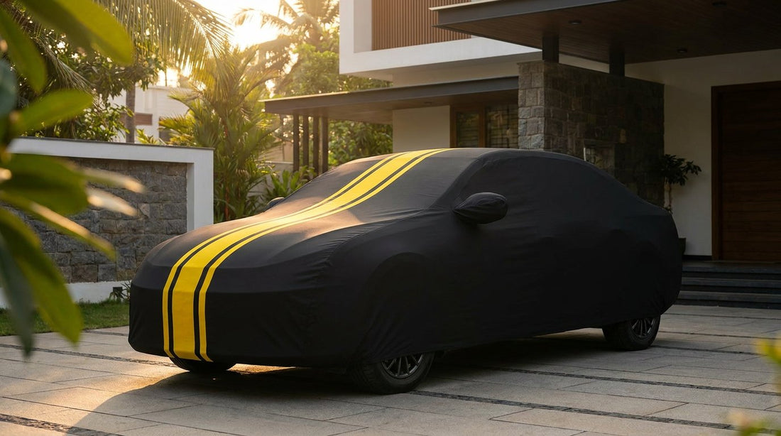 Hyundai Verna fitted with a matte black DriveCult Spyro car body cover with twin yellow stripes