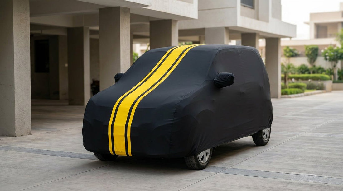 Maruti Suzuki Wagon R fitted with a matte black DriveCult Spyro car body cover with twin yellow stripes