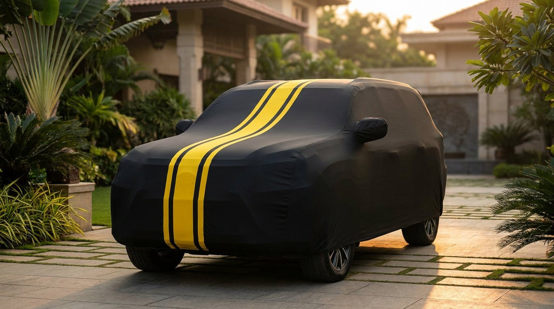 Mahindra XUV700 fitted with a matte black DriveCult Spyro car body cover with twin yellow stripes