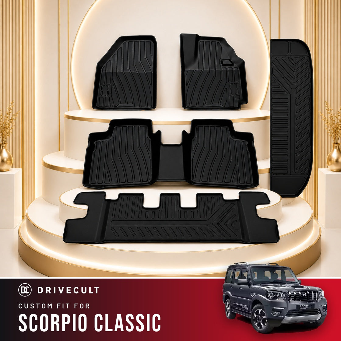 DriveCult Apex TPE 5D mats custom fit for the Mahindra Scorpio Classic