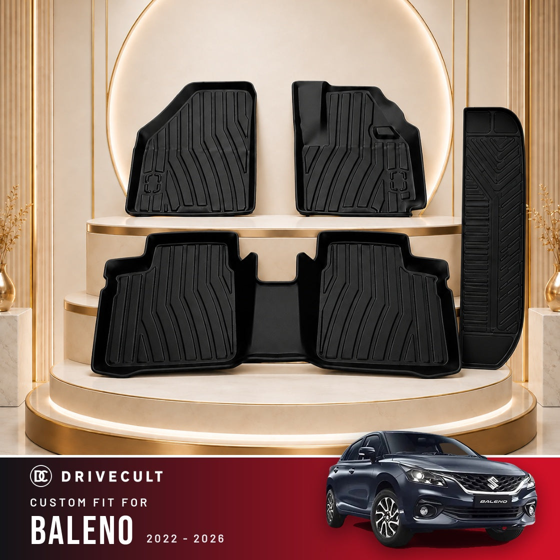 DriveCult Apex TPE 5D mats custom fit for the Maruti Suzuki Baleno 2022-2026