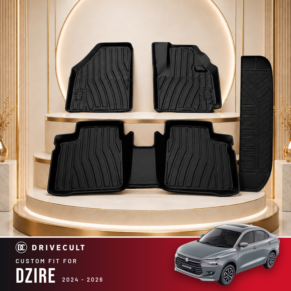 DriveCult Apex TPE 5D mats custom fit for the Maruti Suzuki Dzire 2024-2026