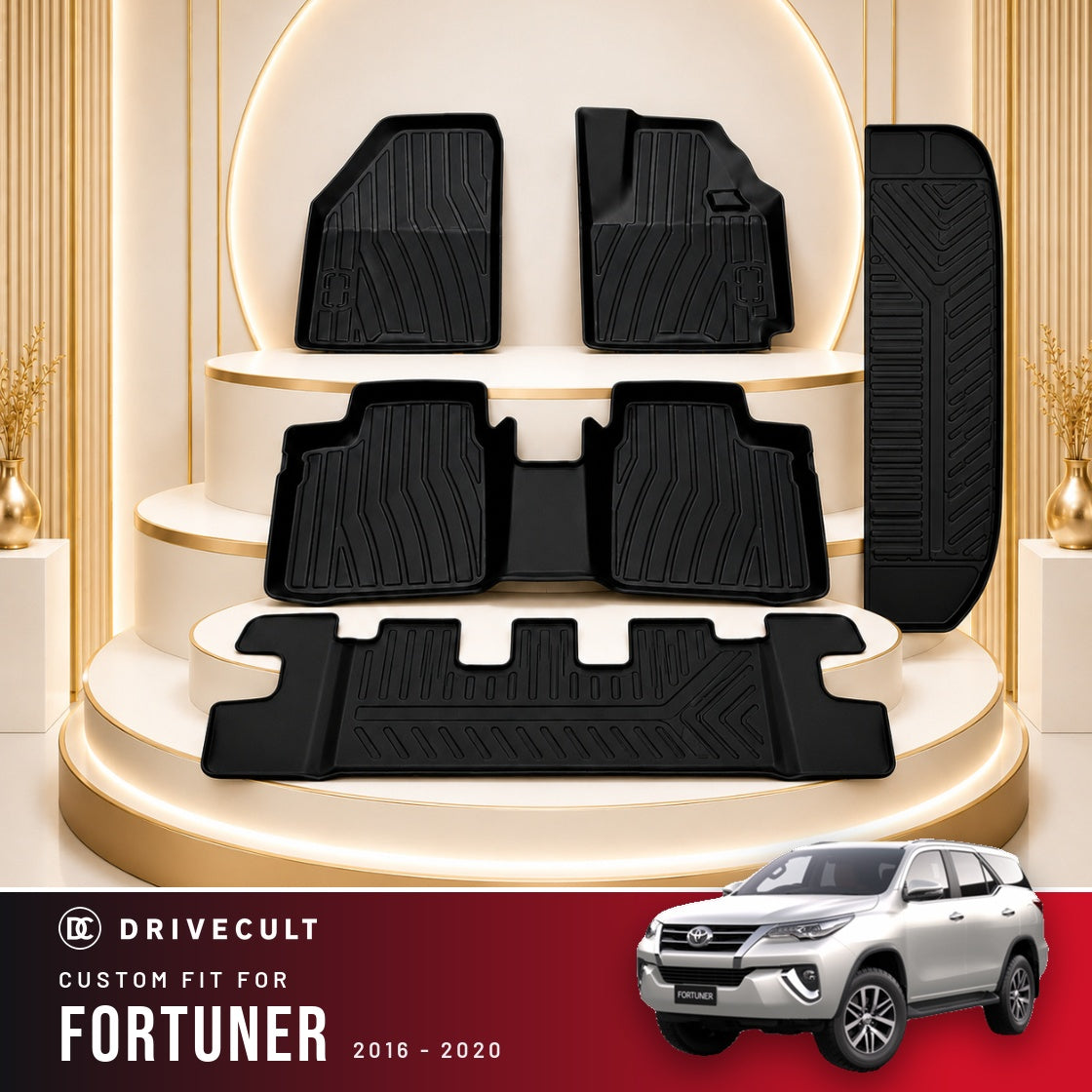 DriveCult Apex TPE 5D mats custom fit for the Toyota Fortuner 2016-2020