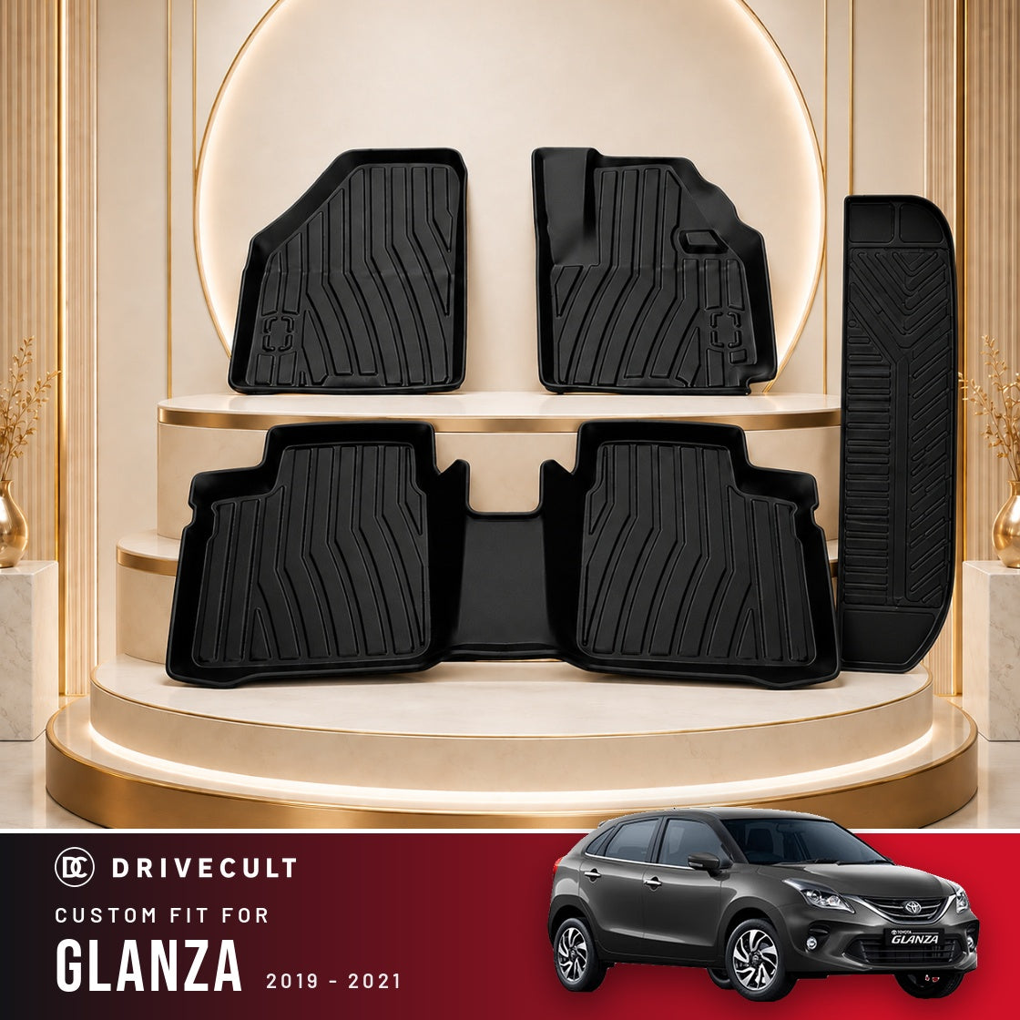 DriveCult Apex TPE 5D mats custom fit for the Toyota Glanza 2019-2021