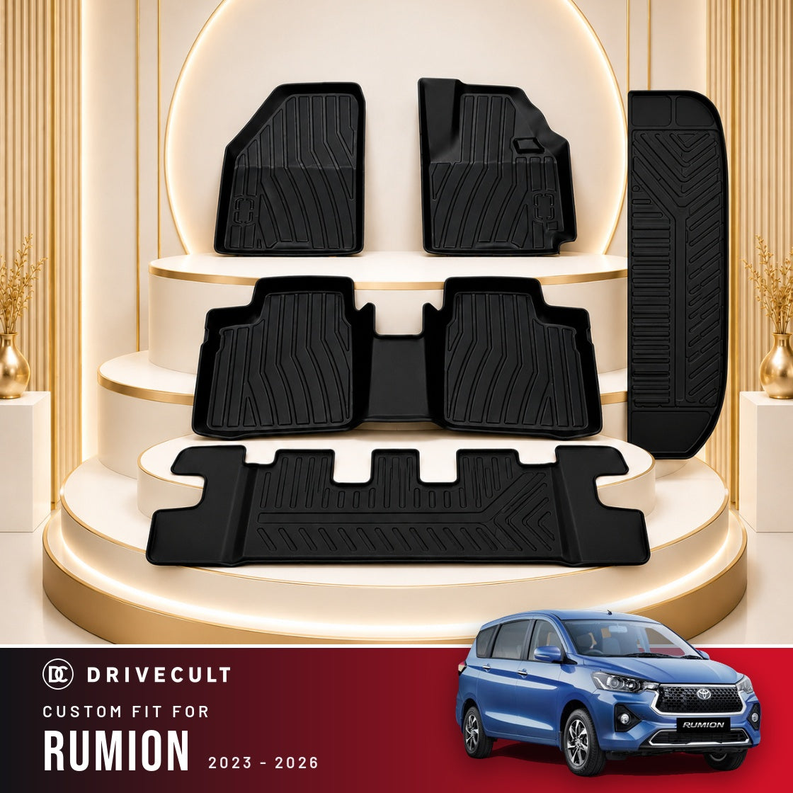 DriveCult Apex TPE 5D mats custom fit for the Toyota Rumion 2023-2026