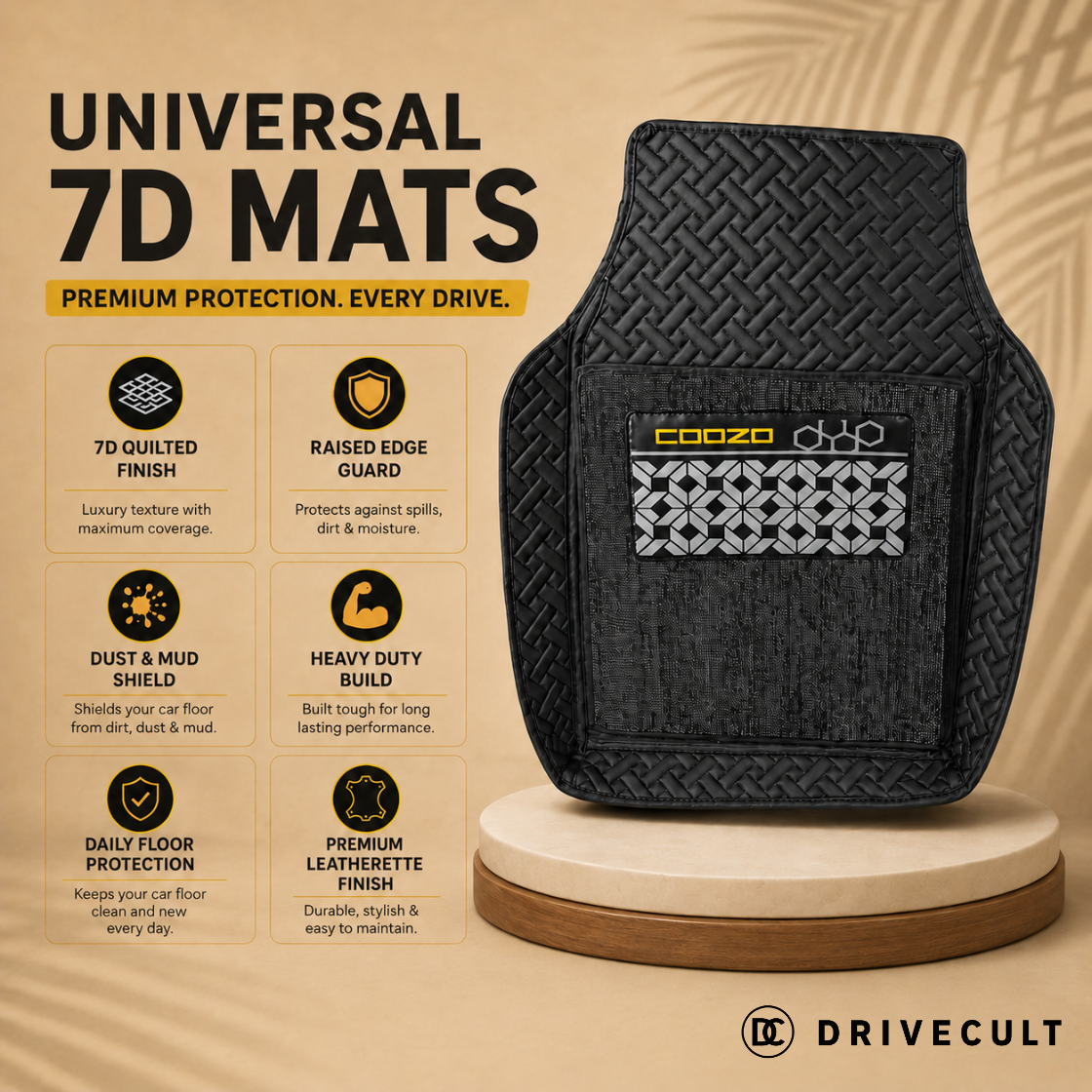 DriveCult Luxe Universal 7D front and rear car floor mats, trim to fit