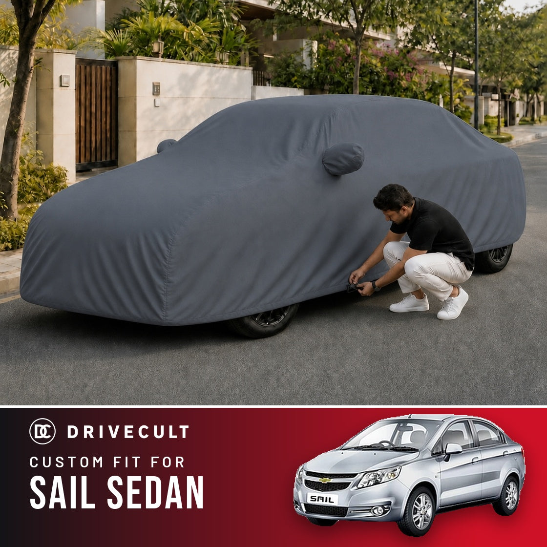 Chevrolet Sail Sedan DriveCult Titan custom-fit waterproof car body cover