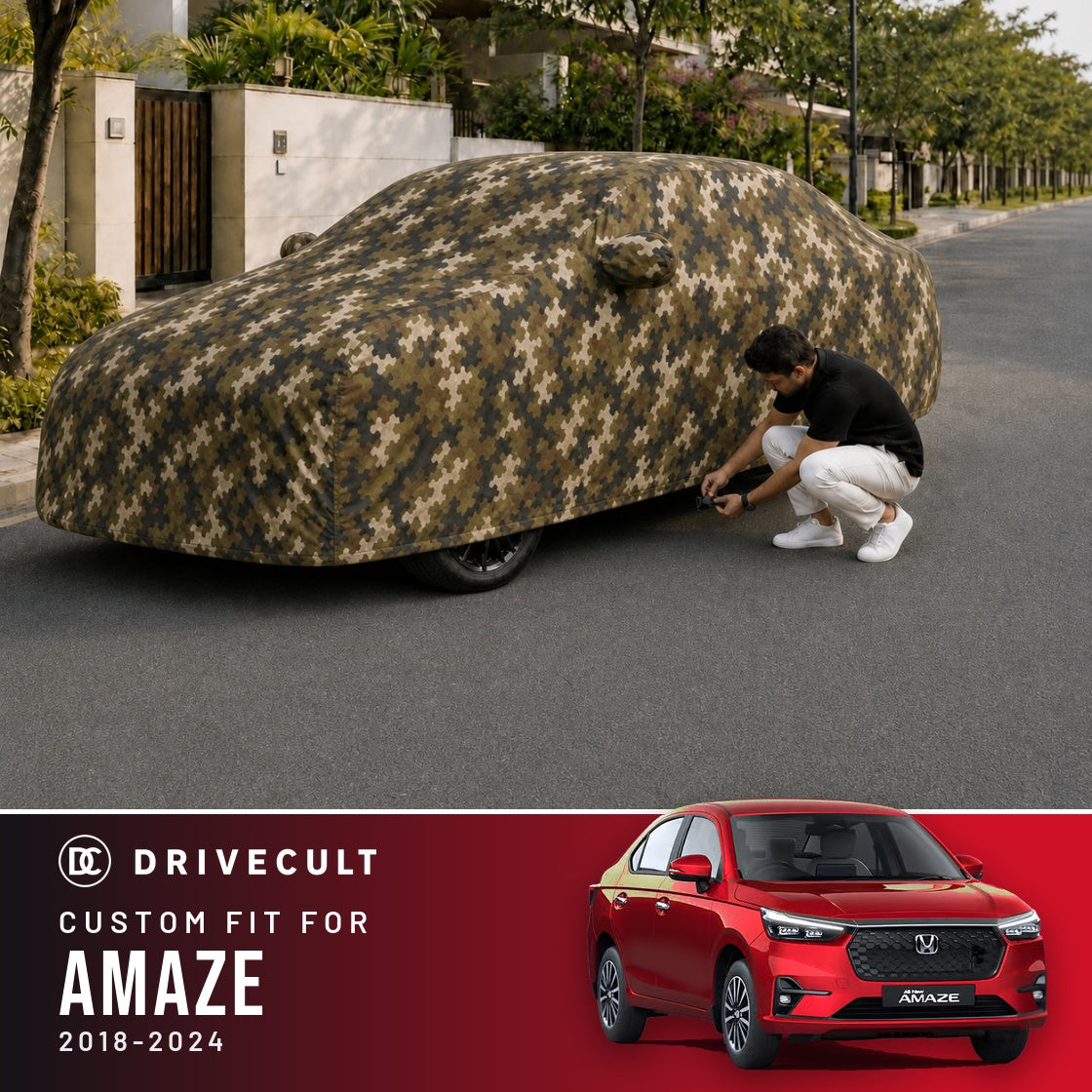 Honda Amaze 2018-2024 DriveCult Phantom custom-fit waterproof car body cover