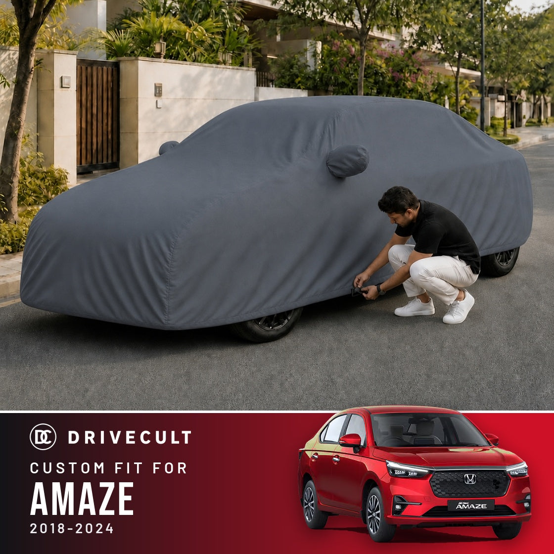 Honda Amaze 2018-2024 DriveCult Titan custom-fit waterproof car body cover