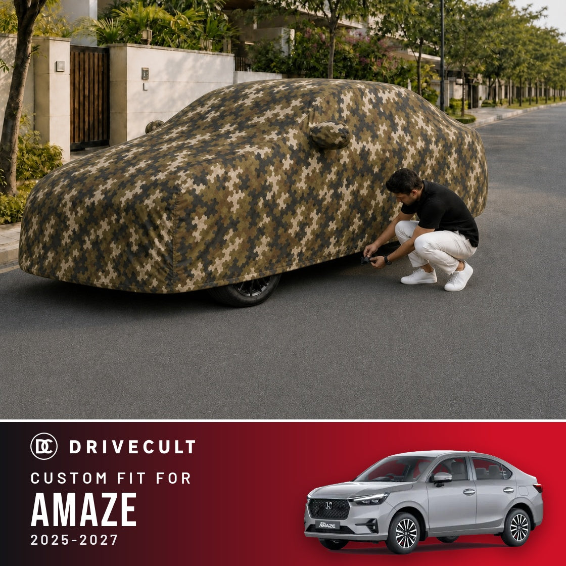 Honda Amaze 2025-2027 DriveCult Phantom custom-fit waterproof car body cover