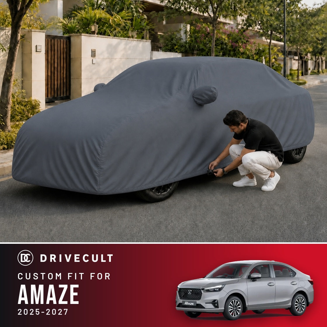 Honda Amaze 2025-2027 DriveCult Titan custom-fit waterproof car body cover