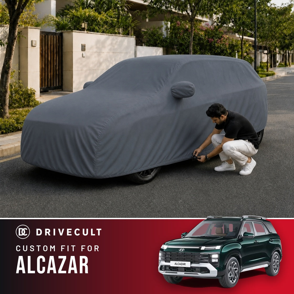 Hyundai Alcazar DriveCult Titan custom-fit waterproof car body cover