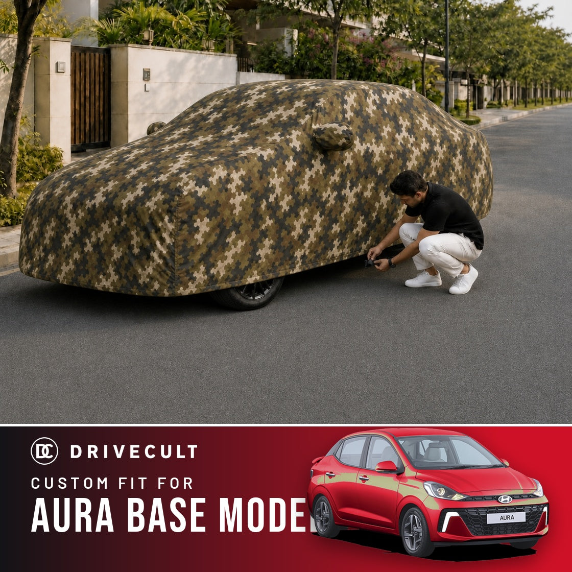 Hyundai Aura Base Model DriveCult Phantom custom-fit waterproof car body cover