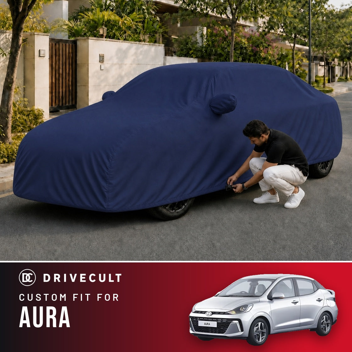 Hyundai Aura DriveCult Storm custom-fit waterproof car body cover