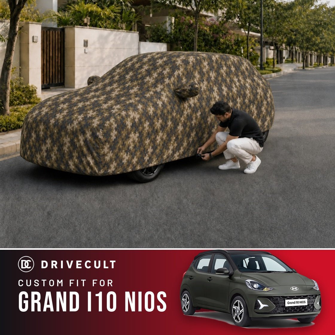 Hyundai Grand i10 Nios DriveCult Phantom custom-fit waterproof car body cover