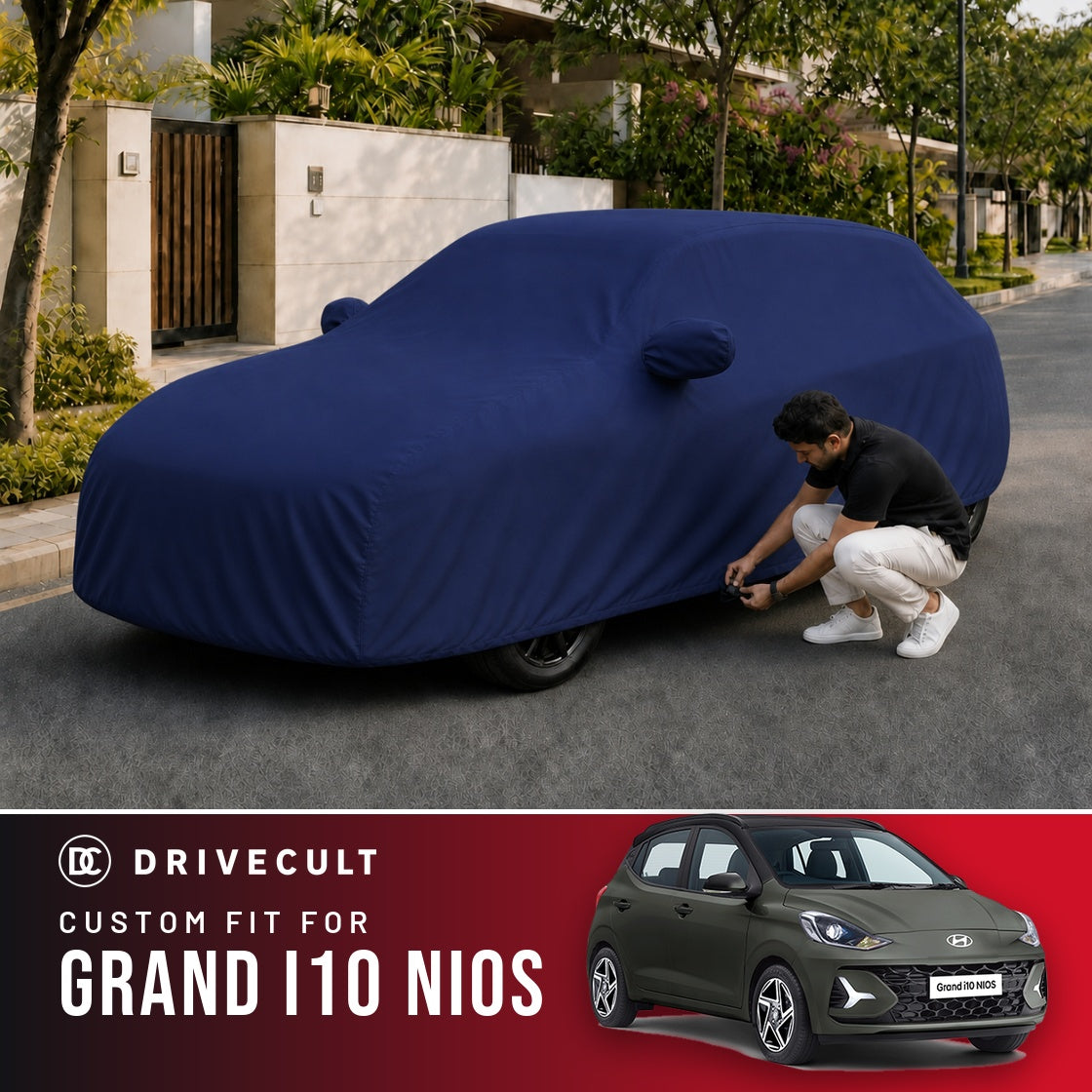 Hyundai Grand i10 Nios DriveCult Storm custom-fit waterproof car body cover