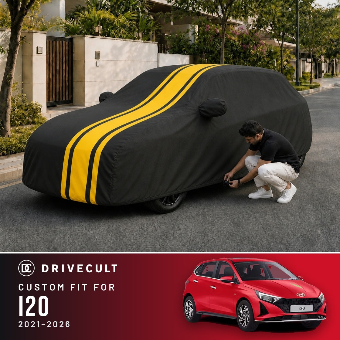 Hyundai i20 2021-2026 DriveCult Blaze custom-fit waterproof car body cover