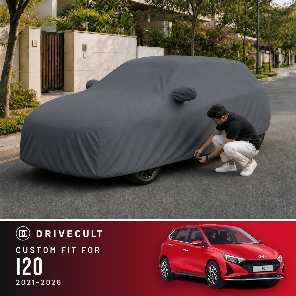 Hyundai i20 2021-2026 DriveCult Titan custom-fit waterproof car body cover