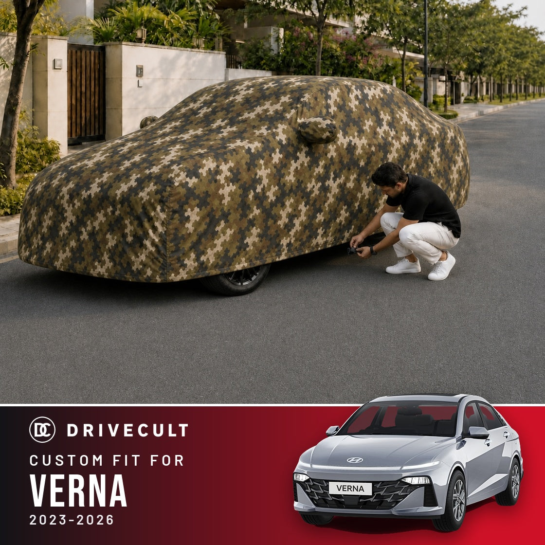 Hyundai Verna 2023-2026 DriveCult Phantom custom-fit waterproof car body cover