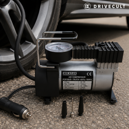 DriveCult TurboFill single-cylinder 12V tyre inflator beside a car wheel