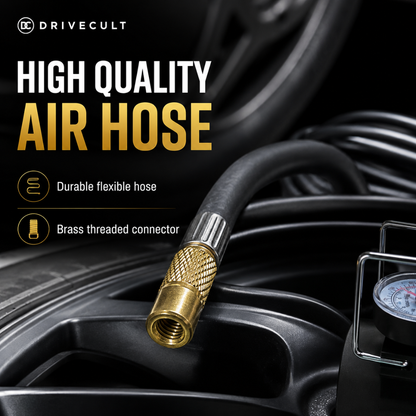 DriveCult TurboFill tyre inflator with 12V plug and nozzle adapters