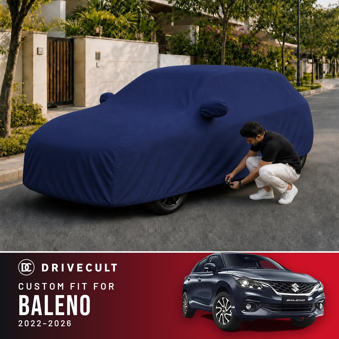 Maruti Baleno 2022-2026 DriveCult Storm custom-fit waterproof car body cover