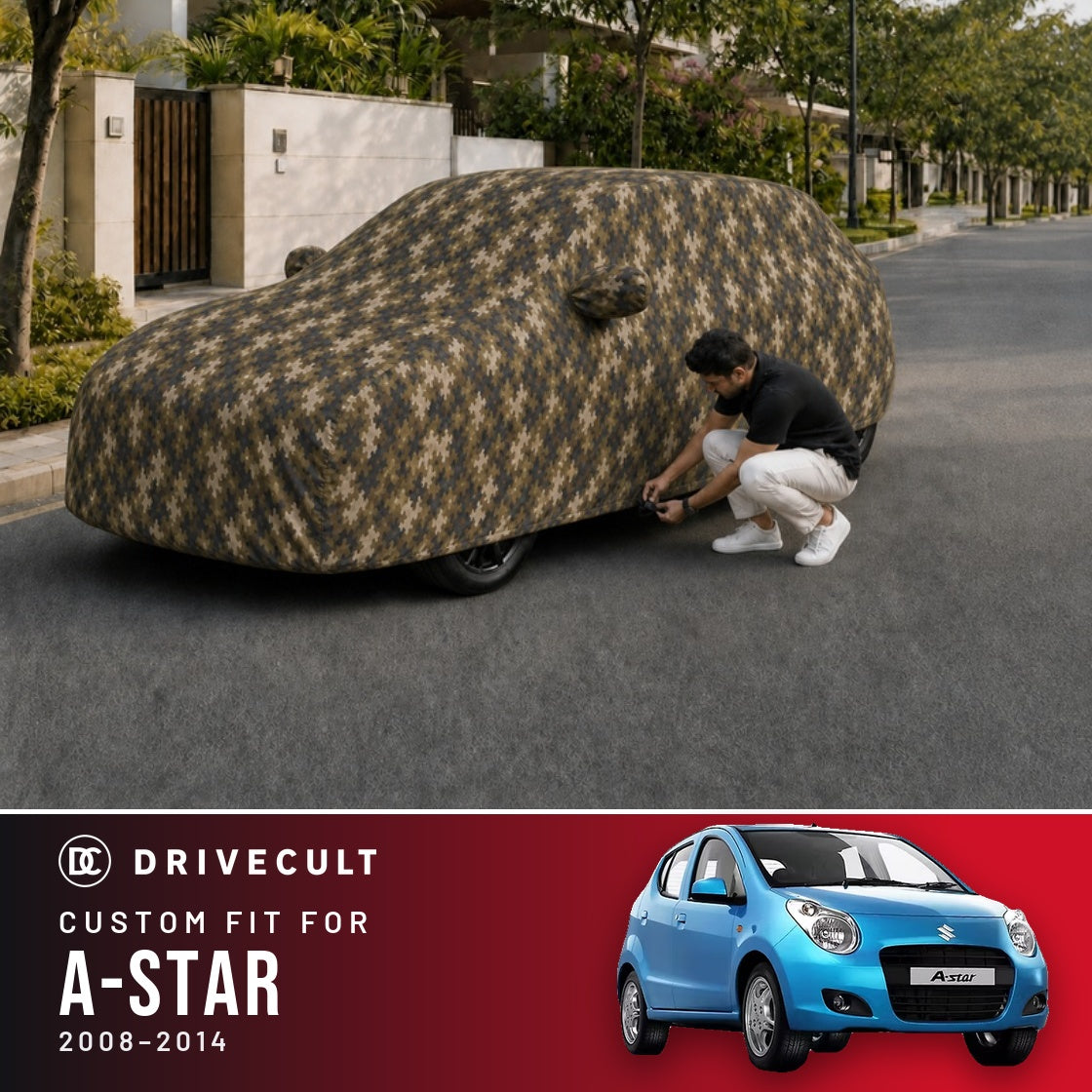 Maruti Suzuki A-Star 2008-2014 DriveCult Phantom custom-fit waterproof car body cover
