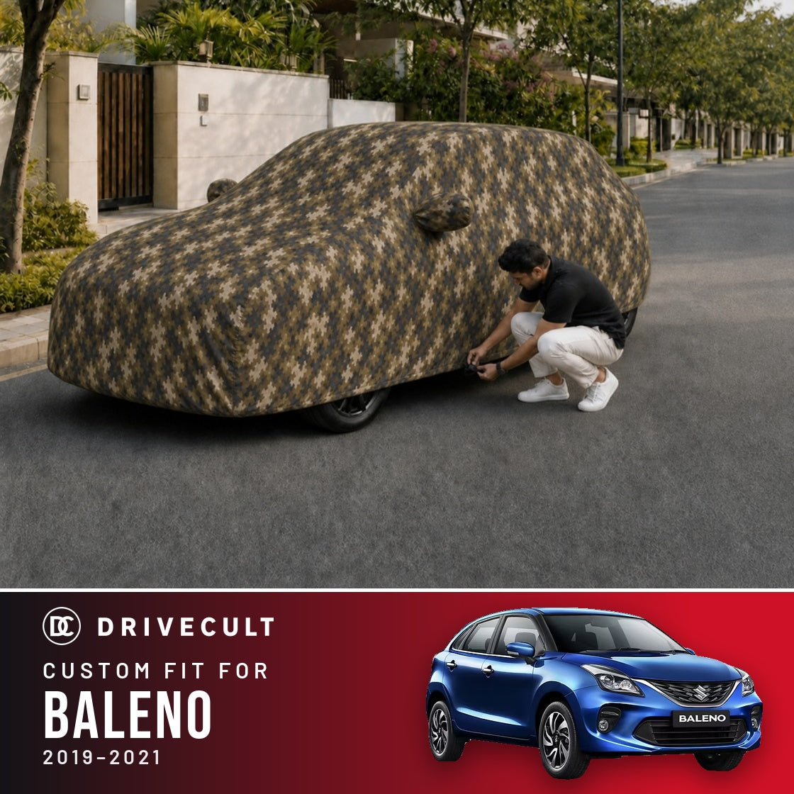 Maruti Suzuki Baleno 2019-2021 DriveCult Phantom custom-fit waterproof car body cover