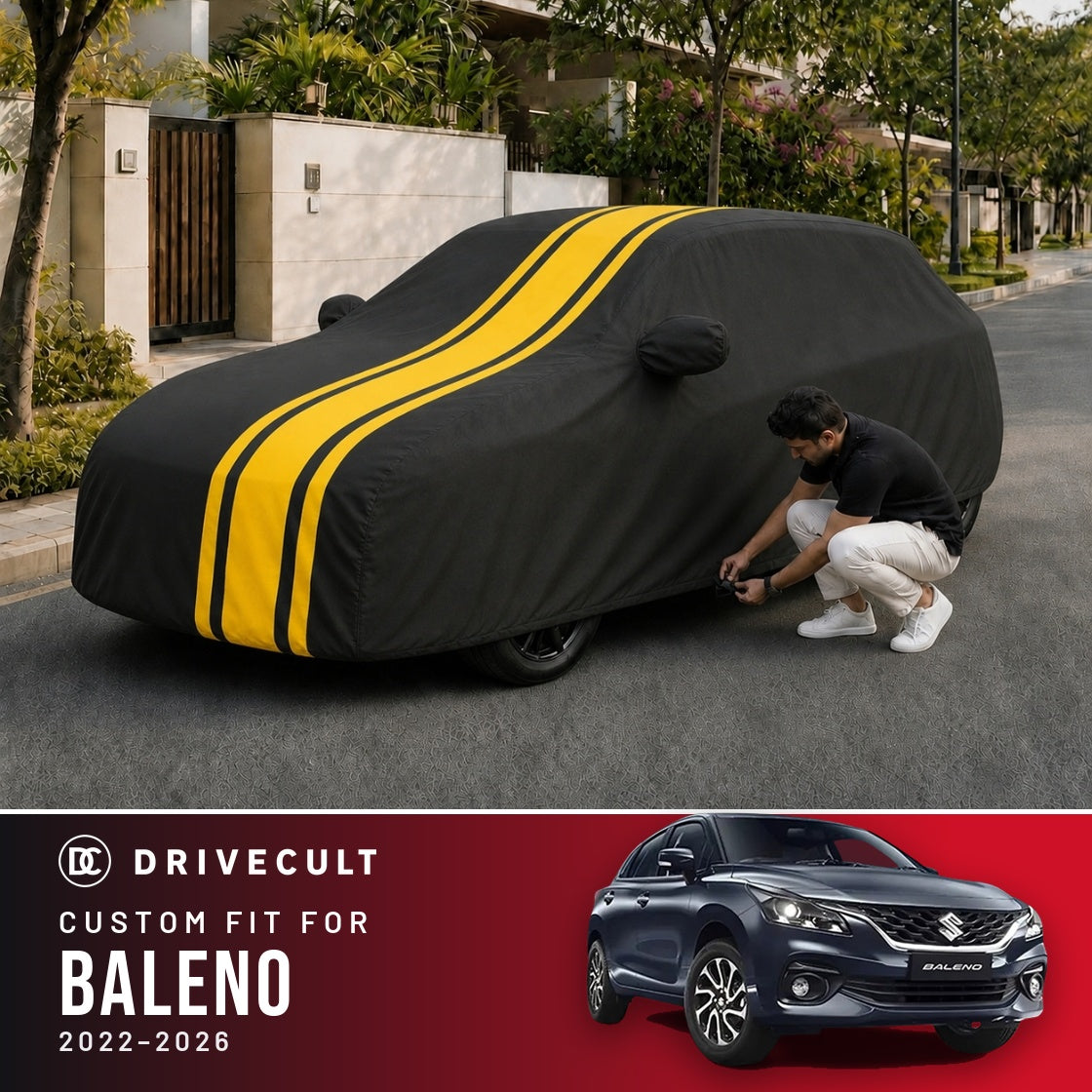 Maruti Suzuki Baleno 2022-2026 DriveCult Blaze custom-fit waterproof car body cover
