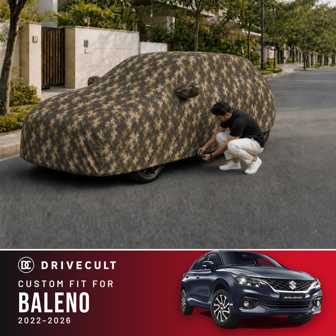 Maruti Suzuki Baleno 2022-2026 DriveCult Phantom custom-fit waterproof car body cover