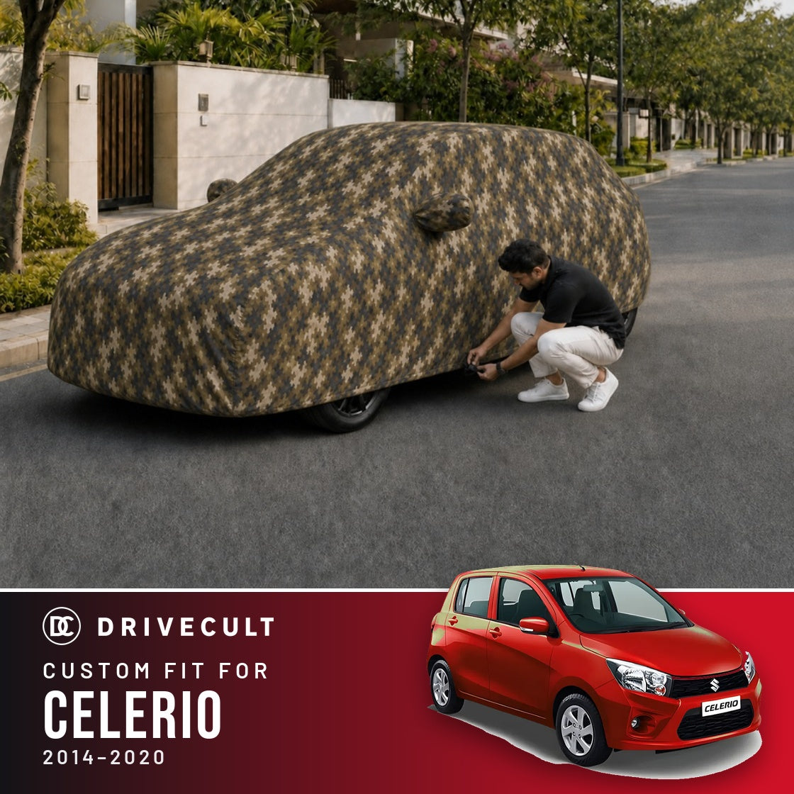 Maruti Suzuki Celerio 2014-2020 DriveCult Phantom custom-fit waterproof car body cover